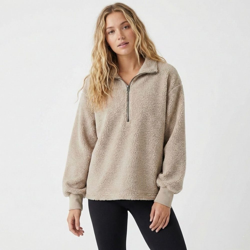 Dylan Los Angeles Cozy Quarter Zip Pullover M NWT Beige Sherpa Teddy Fleece